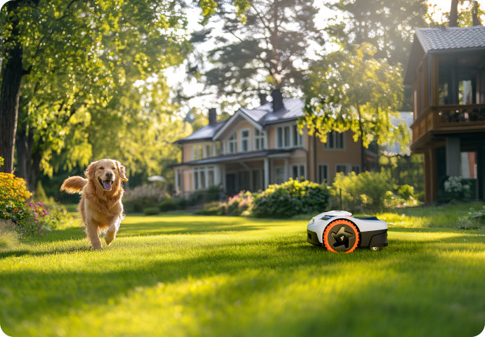 Happy dog runs past a Navimow i110E robot lawn mower.