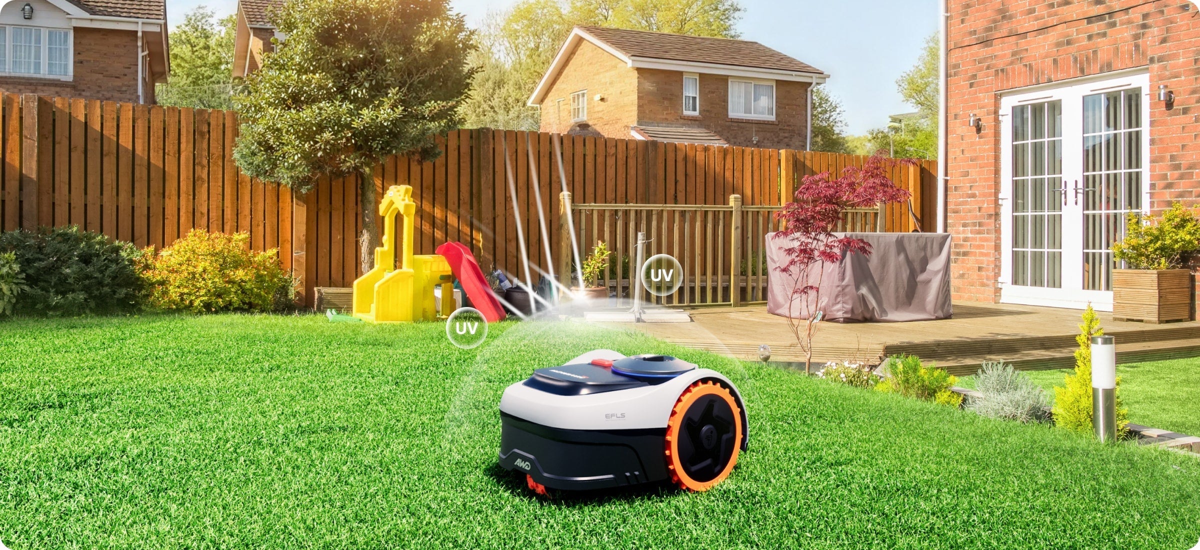Navimow i110E robot lawn mower mows the lush green lawn.