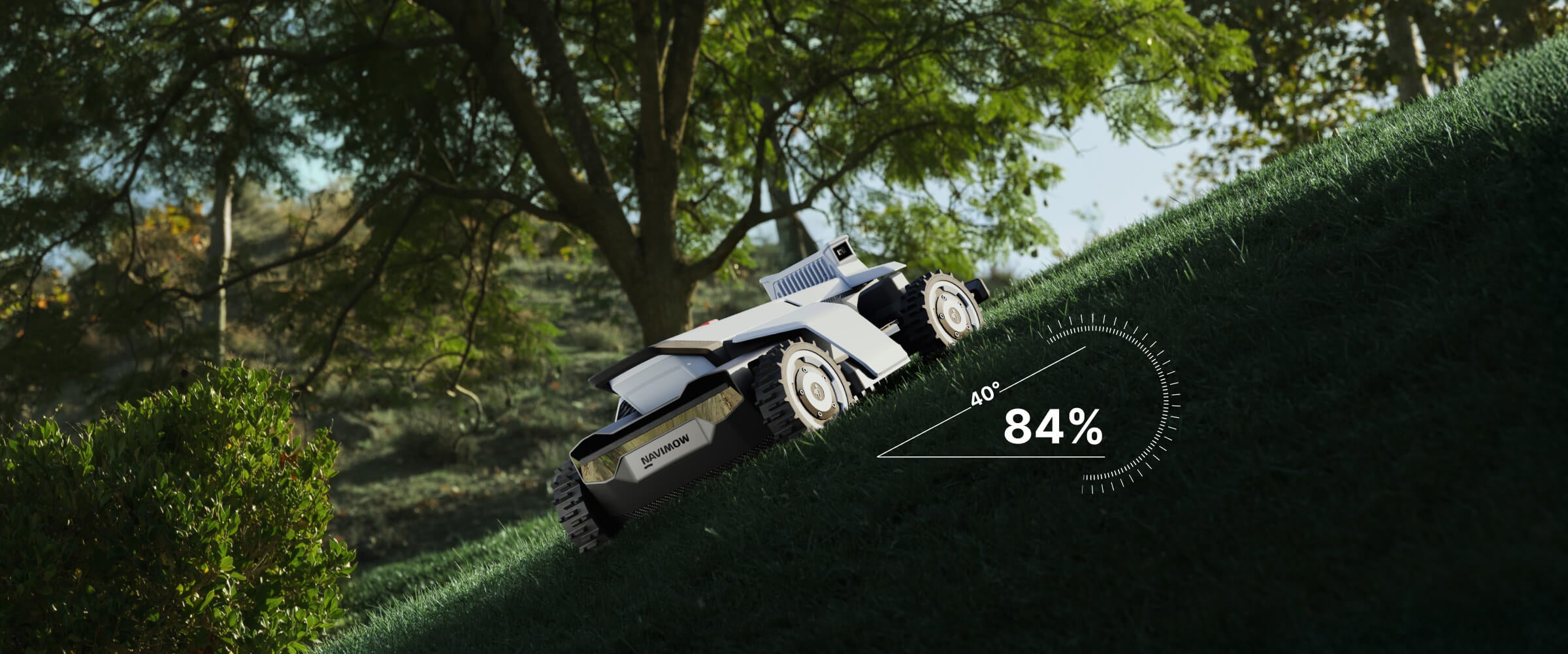 Navimow X3 robot lawn mower climbing a very steep slope.