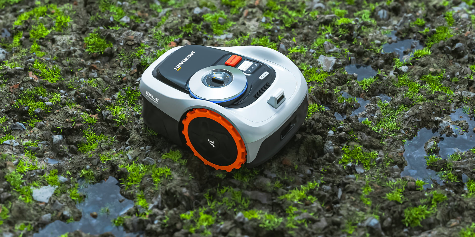 Segway Navimow i Series robot lawn mower in the mud.