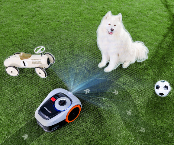 Navimow i110N robot lawn mower avoids a dog and ball.