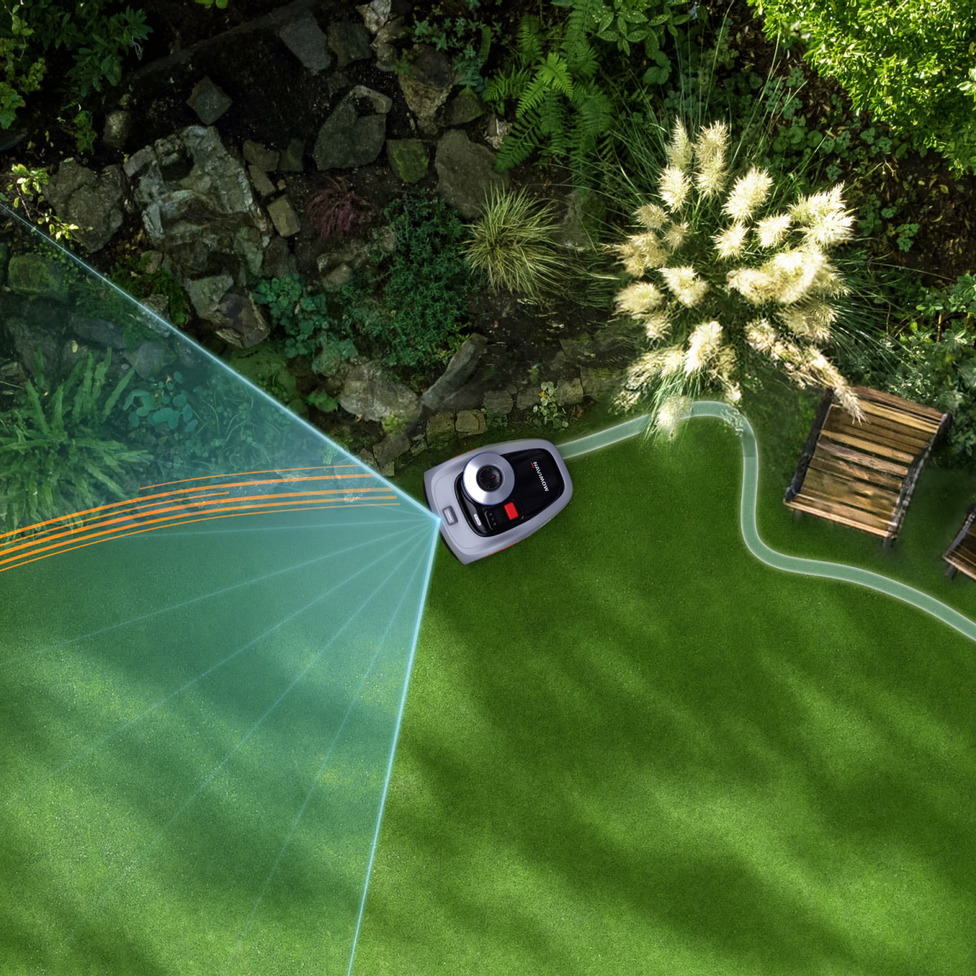 Navimow i105E robot lawn mower in a lush green garden.