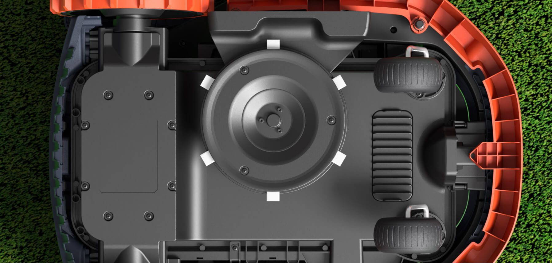 Navimow i110E robot lawn mower shown from the underside view.