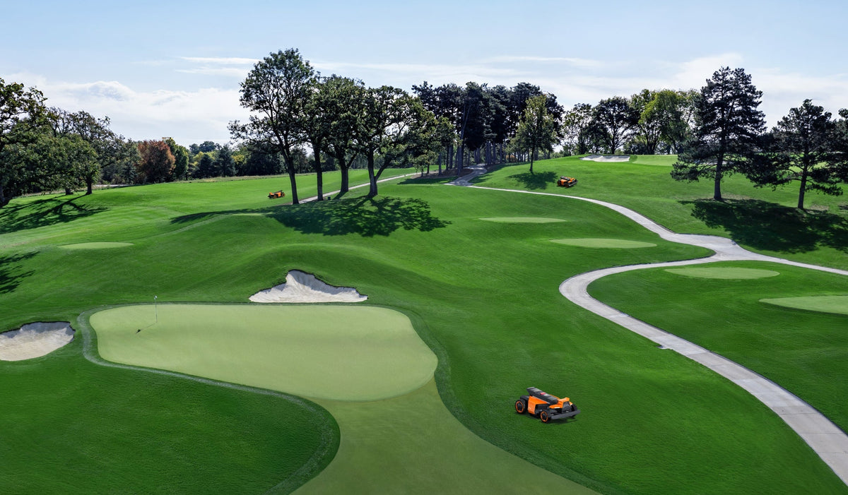 Navimow i110N robot lawn mower on a green golf course.