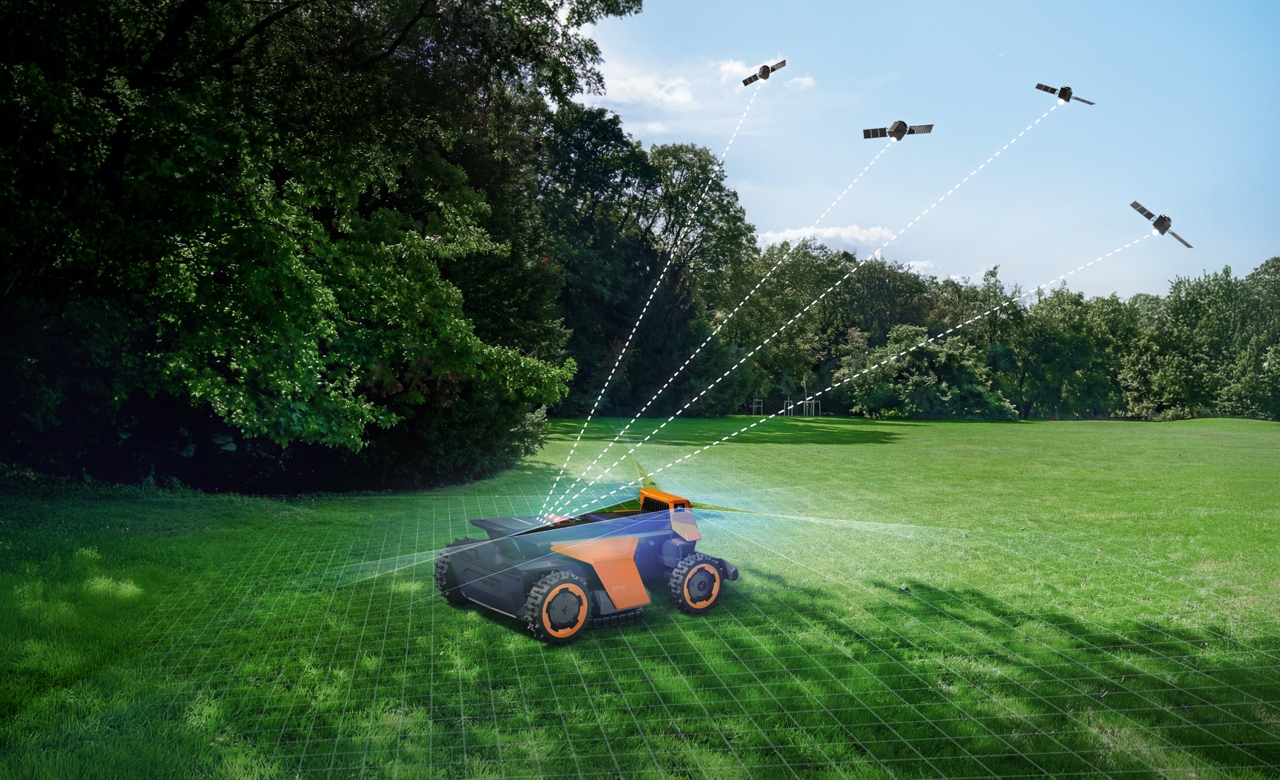 Navimow i105E robot lawn mower mows grass using satellite signals.