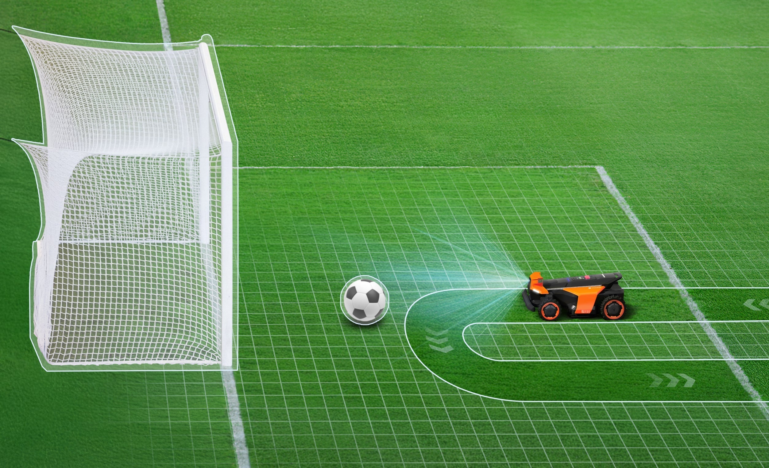 Navimow i110 robot lawn mower on a green soccer field.