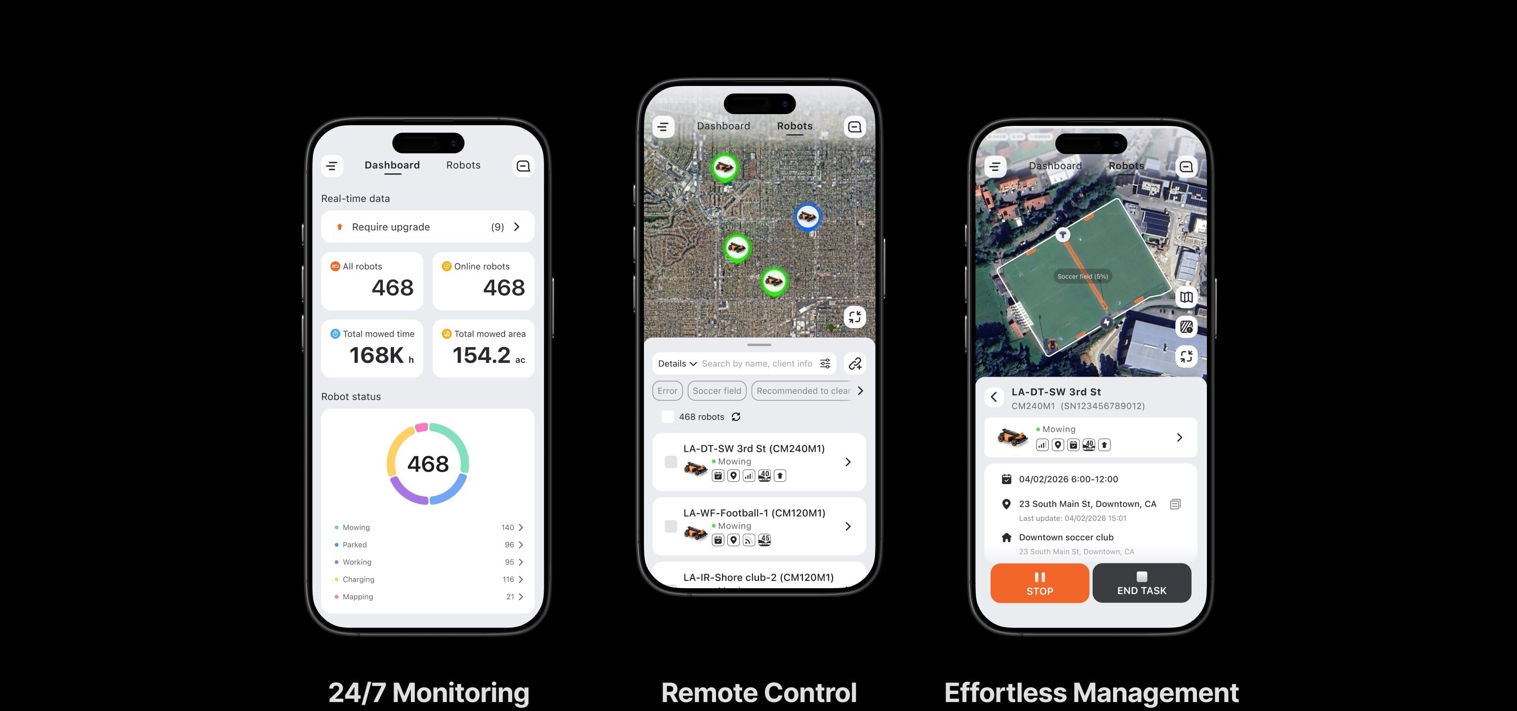 Navimow CM240M1 robot lawn mower app interface showing fleet management.