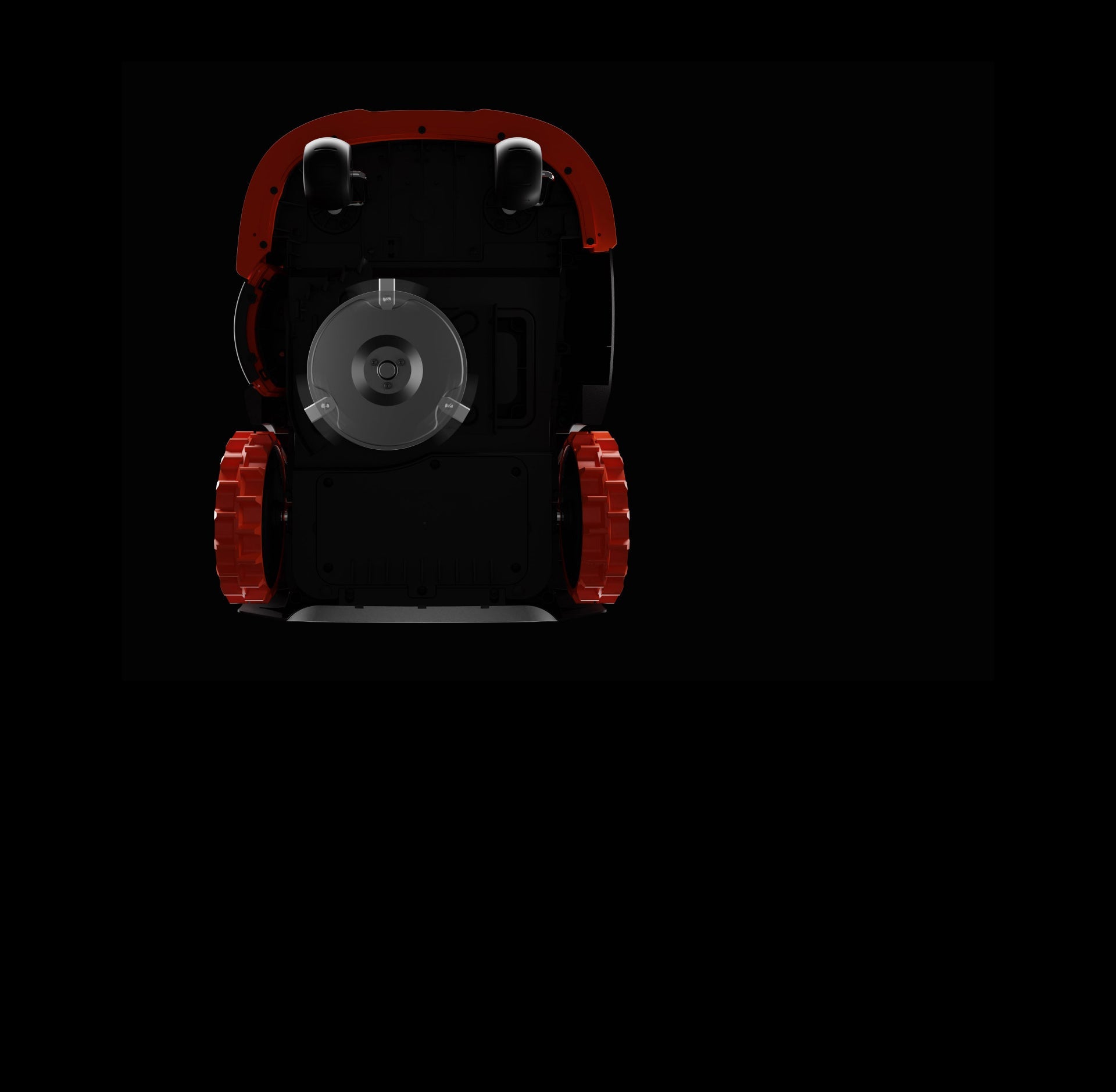 The Navimow i110E robot lawn mower seen from its underside.