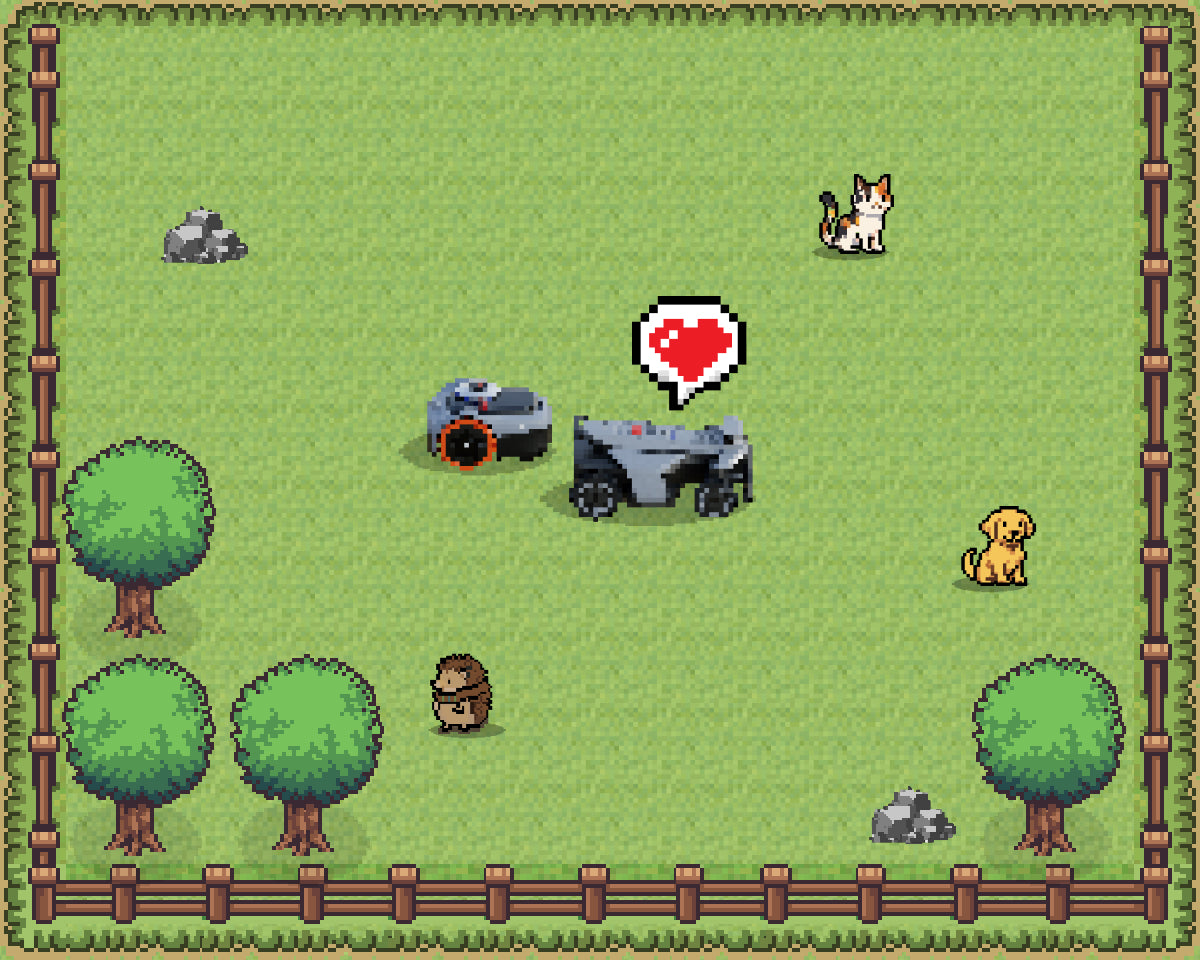 Navimow i105E robot lawn mower in a cute pixel garden.