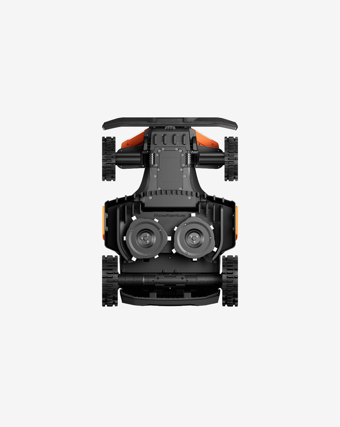 MowMentum S1 robot lawn mower viewed from the bottom side.