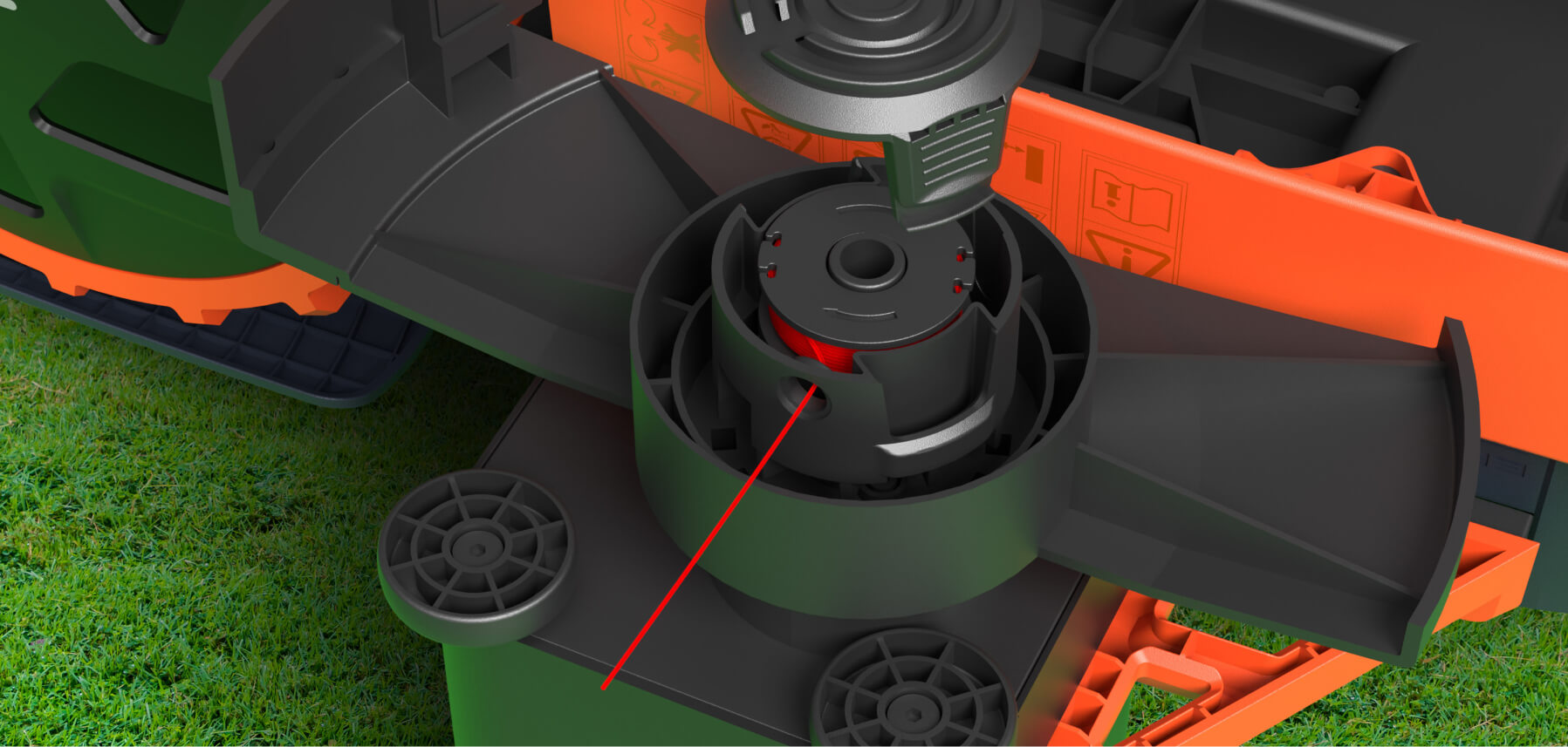 Navimow i110E robot lawn mower with red line trimmer spool.