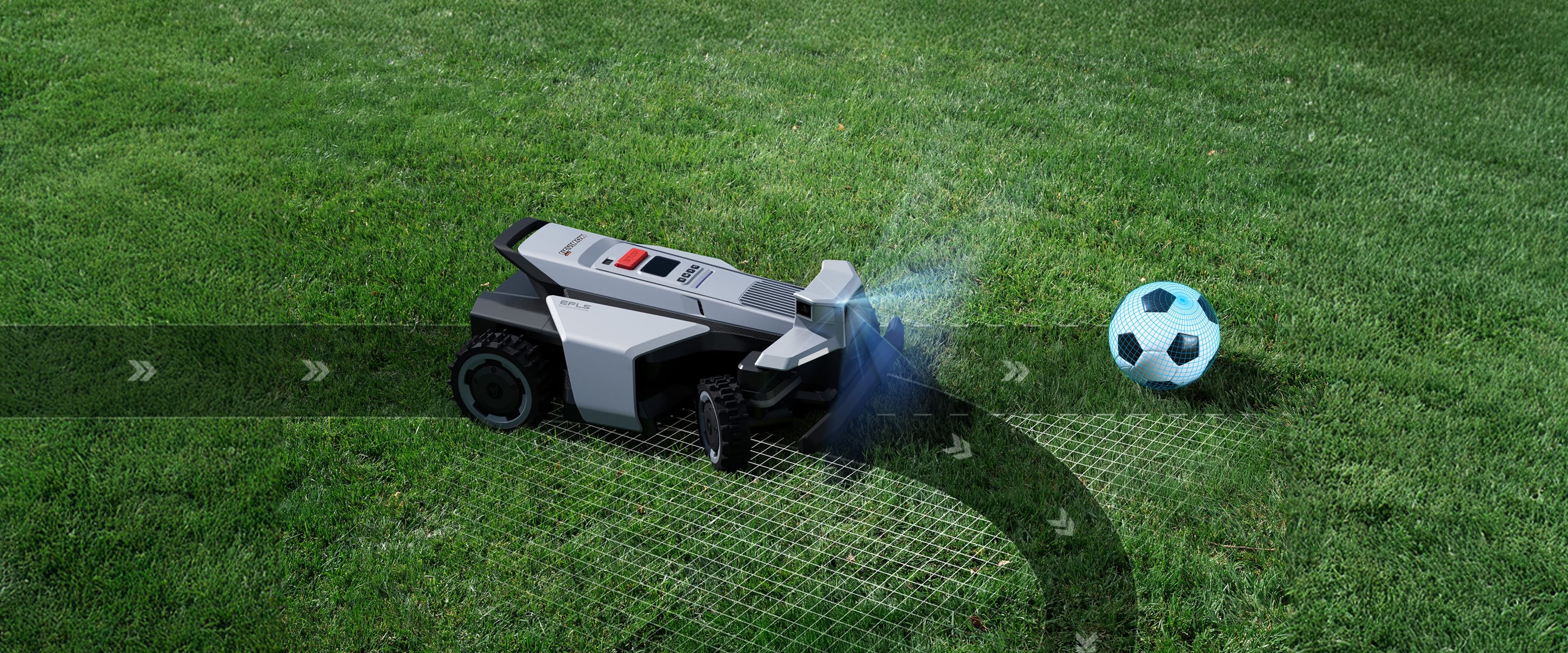 Navimow i Series robot lawn mower avoids a soccer ball.