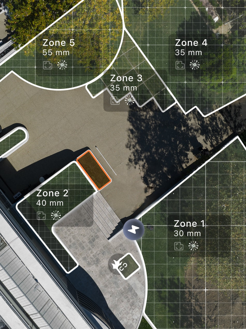 Navimow i110N robot lawn mower map interface showing five zones.