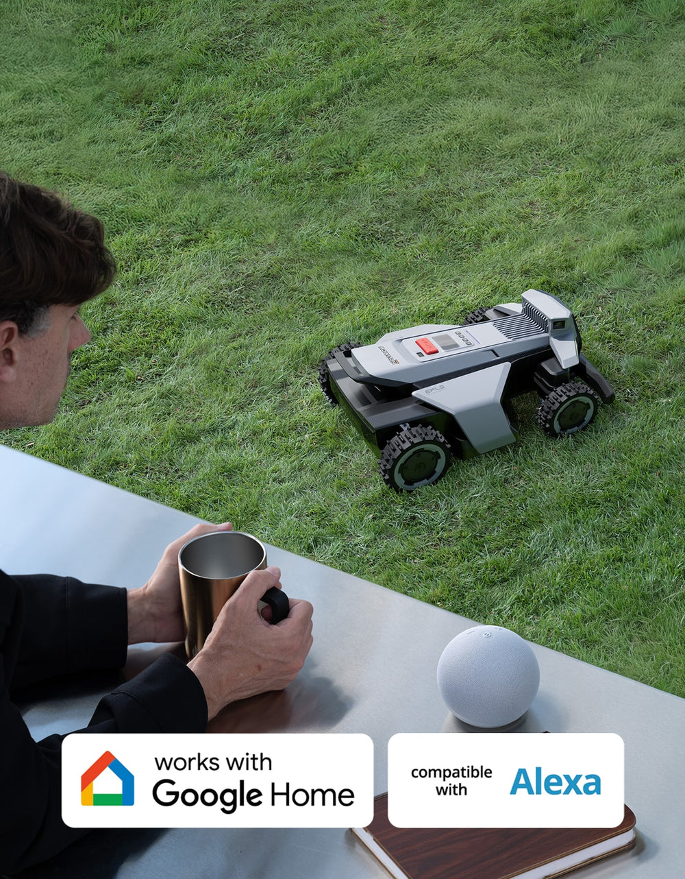 Navimow i110E robot lawn mower is on a green lawn.