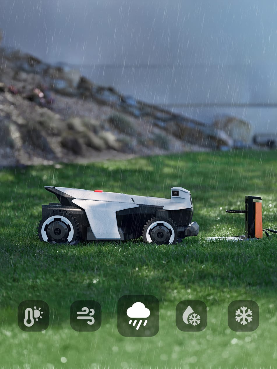Navimow i series robot lawn mower is working in rain.
