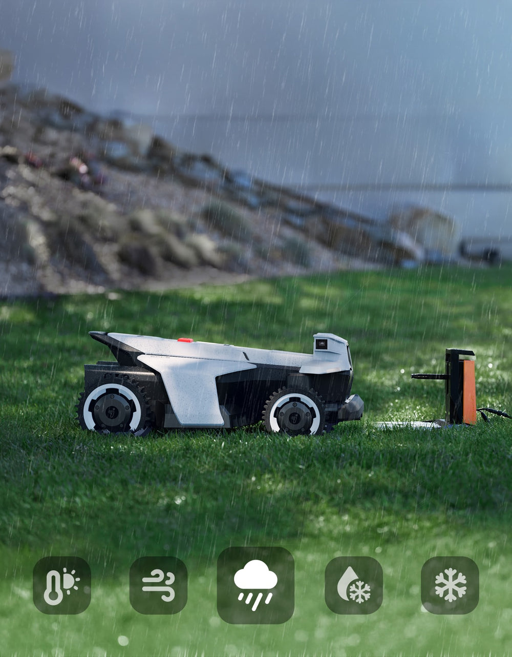 Navimow i Series robot lawn mower is seen in rain.
