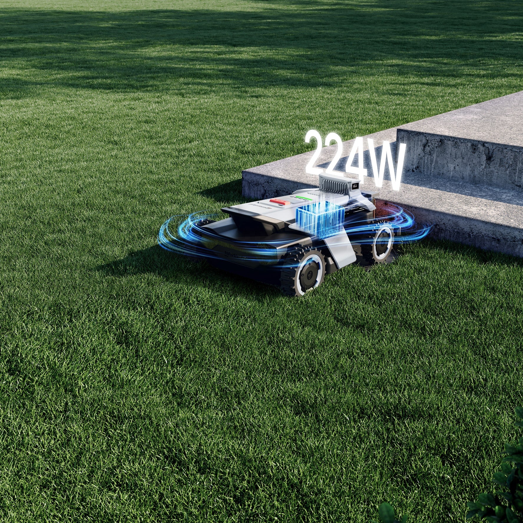 Navimow i110E robot lawn mower mows the green lawn grass.