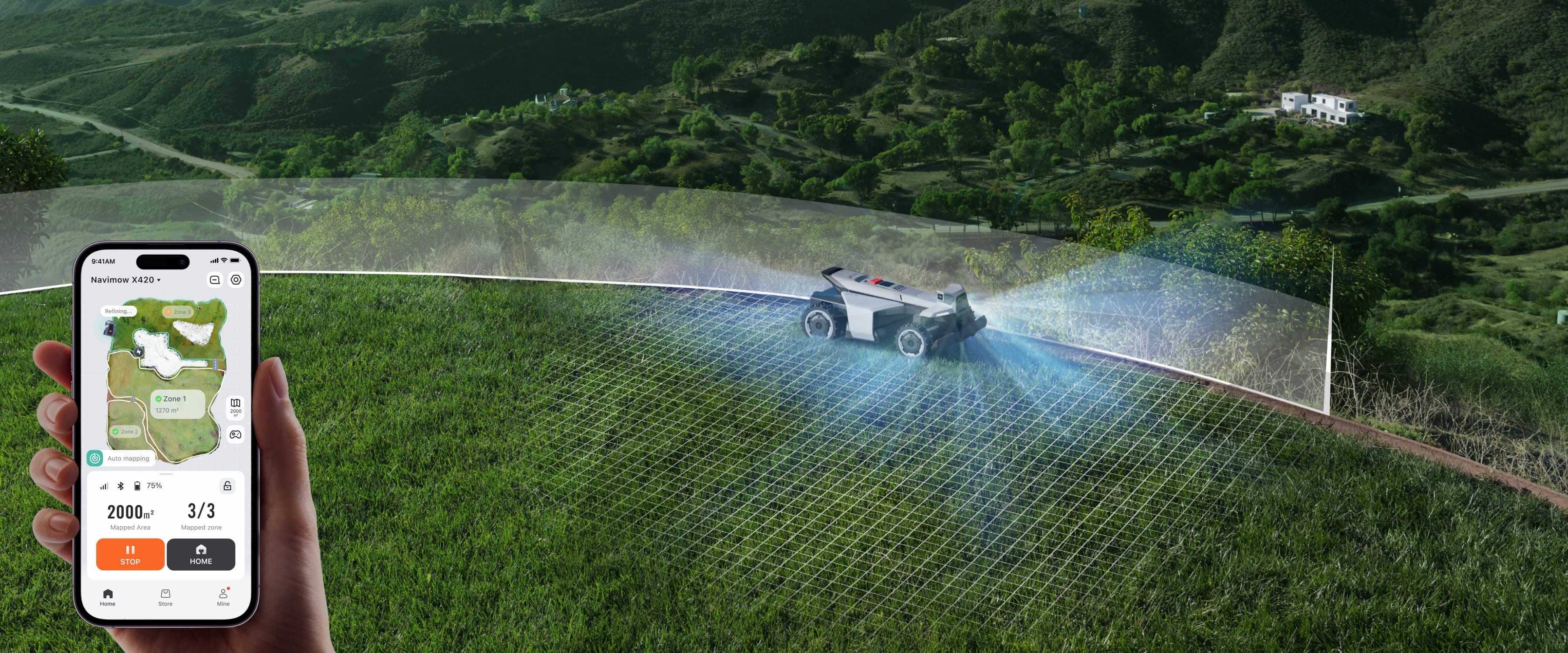 Navimow X420 robot lawn mower scans a lush green garden.