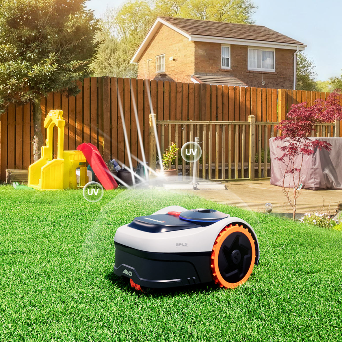 Navimow i110N robot lawn mower is mowing the green lawn.