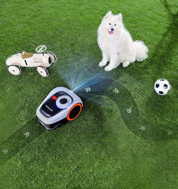 Navimow i110E robot lawn mower avoids dog ball and car.