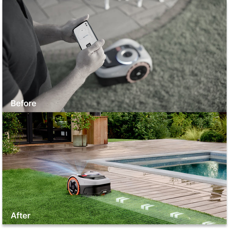Segway Navimow H3000E robot lawn mower mows the backyard grass.
