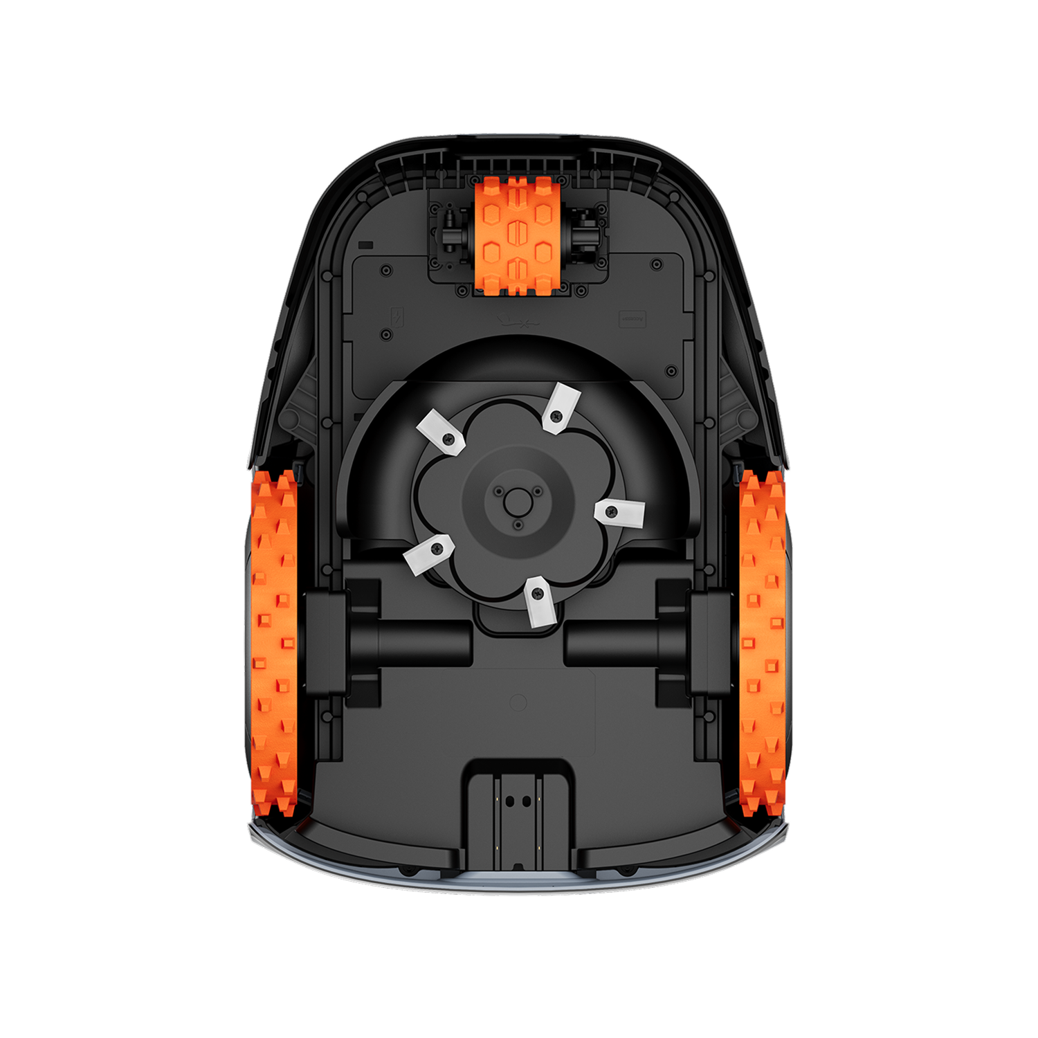 Navimow i105E robot lawn mower underside view with orange wheels.