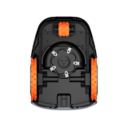 Navimow i105E robot lawn mower underside view with orange wheels.