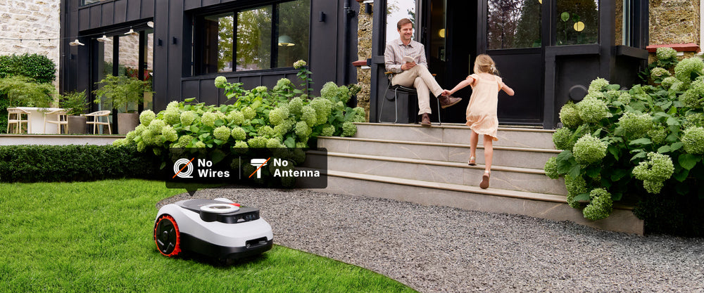 Navimow i Series robot lawn mower works in a backyard.