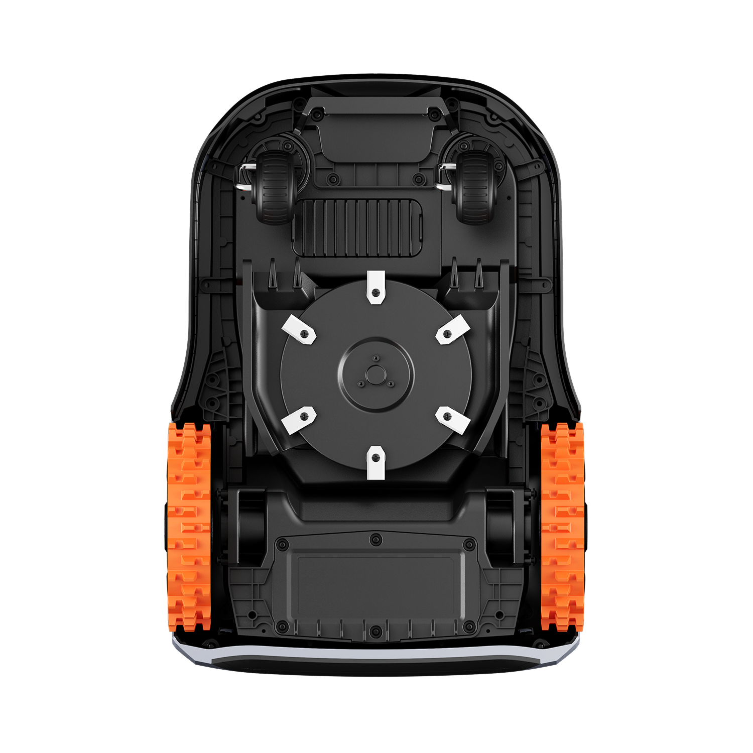 The Segway Navimow i110N robot lawn mower seen from below.