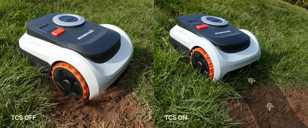 Segway Navimow robot lawn mower comparing traction control on off.