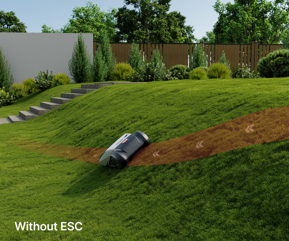 Navimow i110E robot lawn mower sliding down a grassy slope.