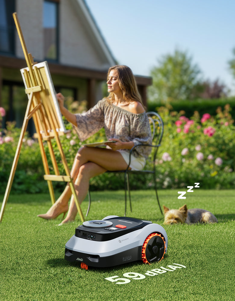 Segway Navimow i110N AWD robot lawn mower near painting woman.