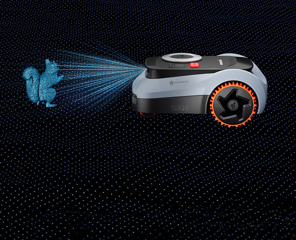 Segway Navimow robot lawn mower detects a blue holographic squirrel.