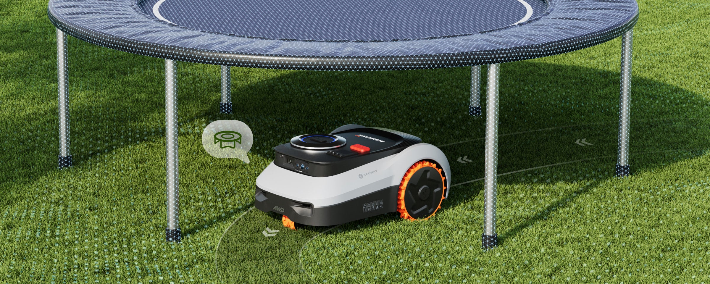 Segway Navimow i110N AWD robot lawn mower mowing under trampoline.