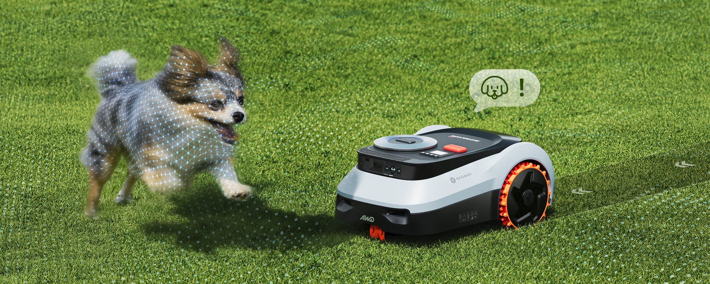 Segway Navimow AWD robot lawn mower detects a jumping dog.