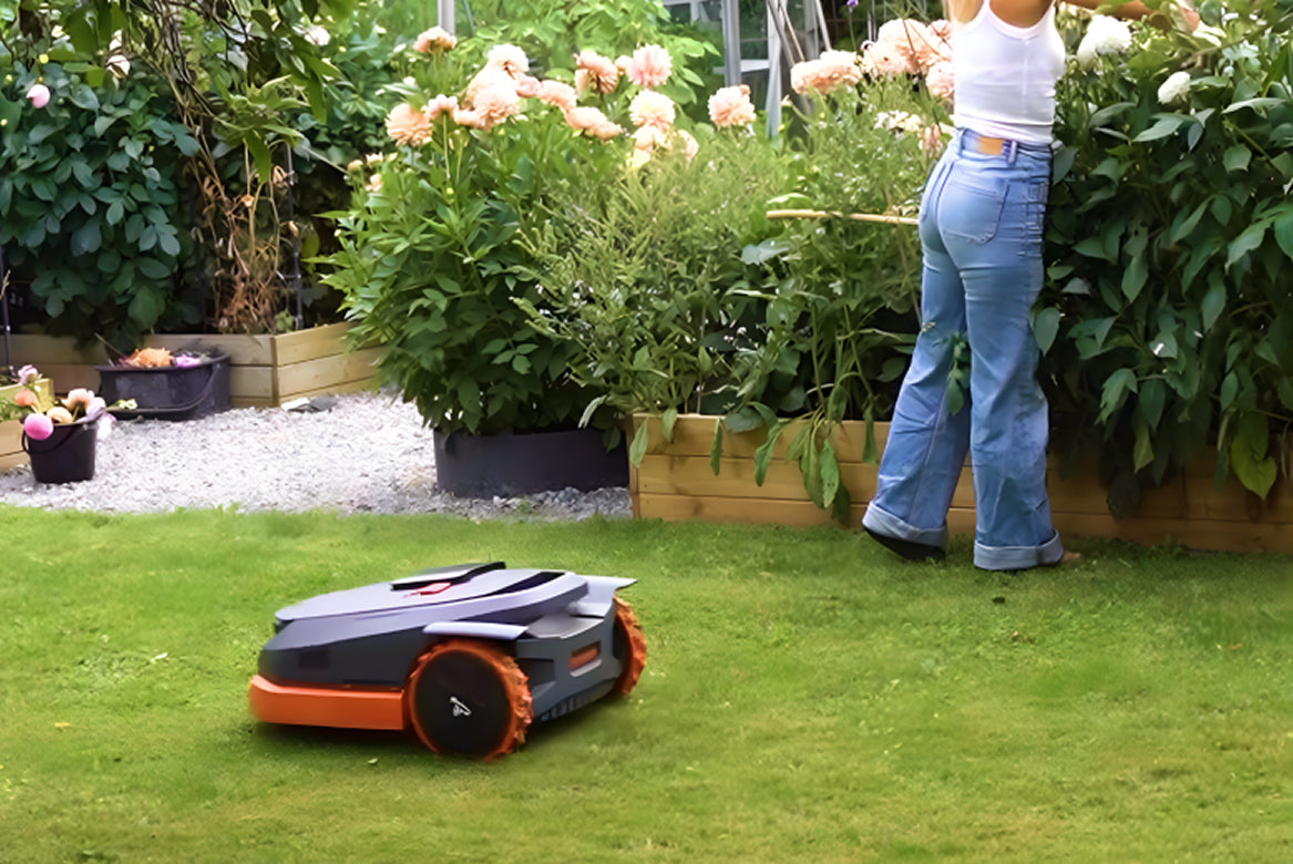 Segway Navimow i110N robot lawn mower works in a garden.