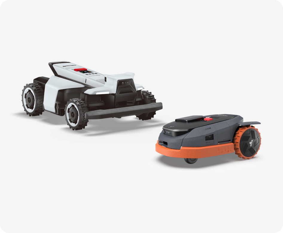 Navimow i105E robot lawn mower and a white Yarbo robot.