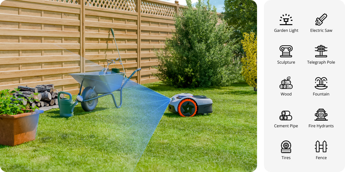 Navimow i110N robot lawn mower avoids obstacles in the garden.
