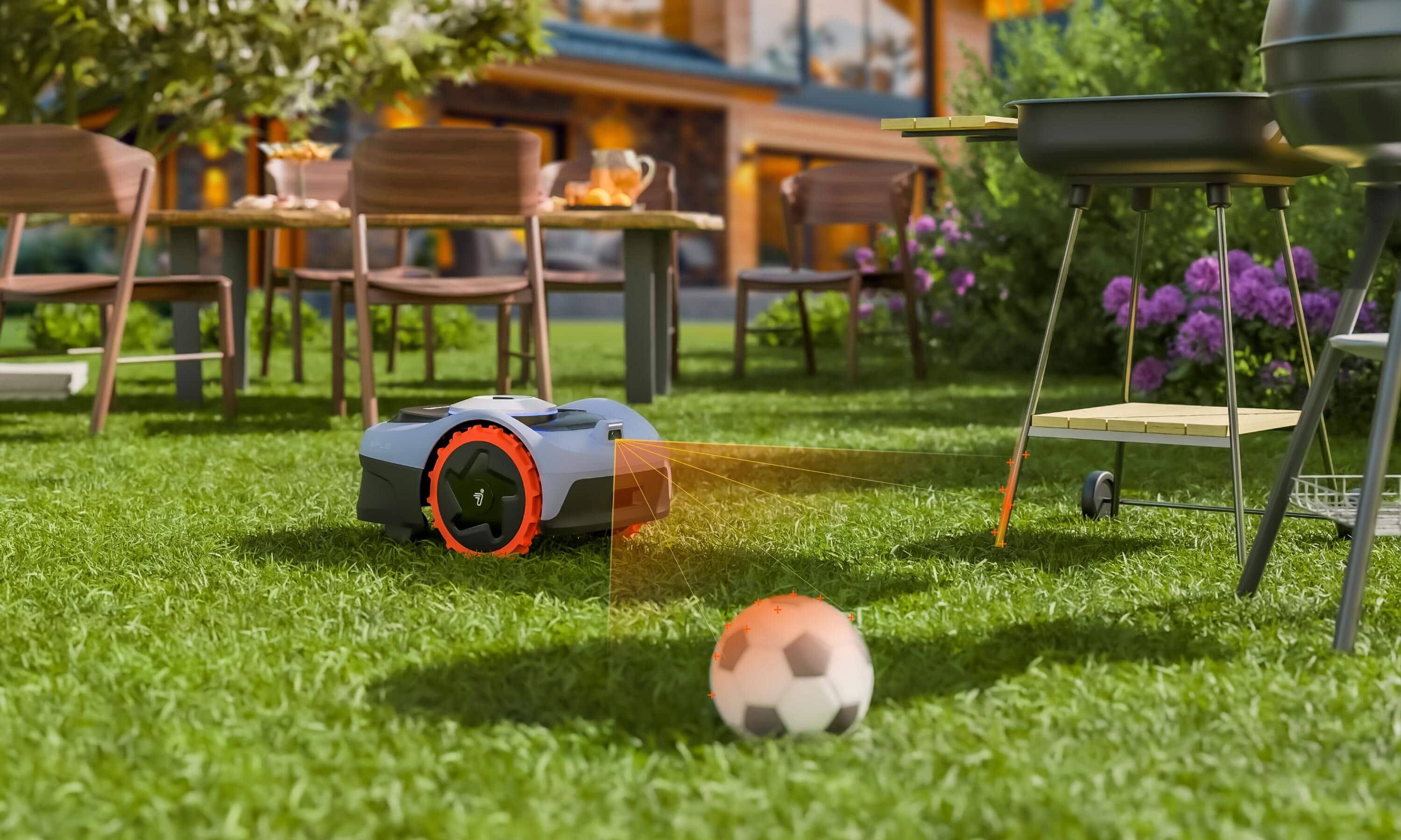 Navimow i110E robot lawn mower detects soccer ball in garden.