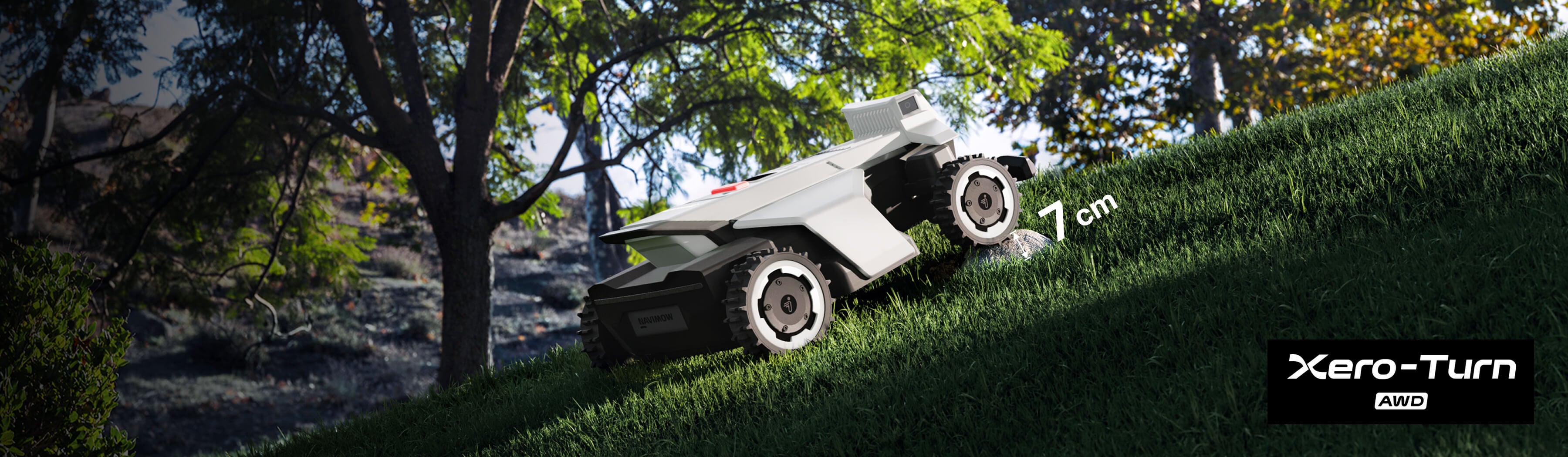 The Navimow Xero-Turn AWD robot lawn mower climbs a hill.